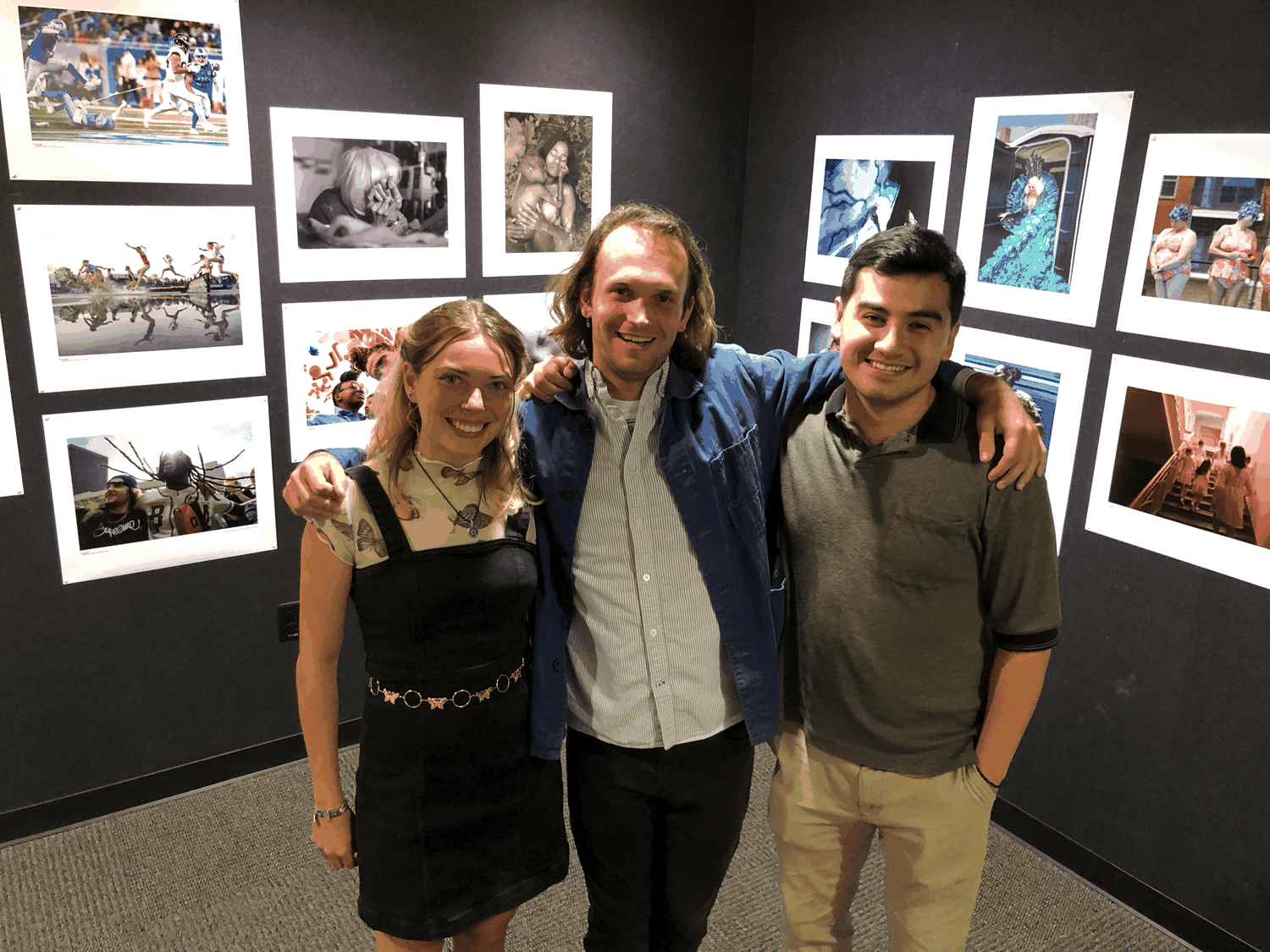 Angelina Katsanis of the University of North Carolina Chapel Hill (Gold in Multimedia: Online Storytelling), Vincent Alban of Rochester Institute of Technology (College Photographer of the Year 78) and Minh Connors of the University of Missouri (Runner-Up College Photographer of the Year 78) in the 78 CPOY Winners Exhibit during the Photo Festival and Awards.